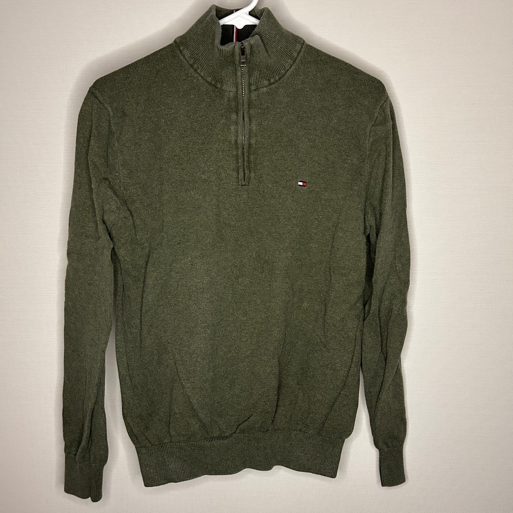 Tommy Hilfiger 1/4 Zip Pullover Sweater Olive Green Medium Fall Preppy Minimal
